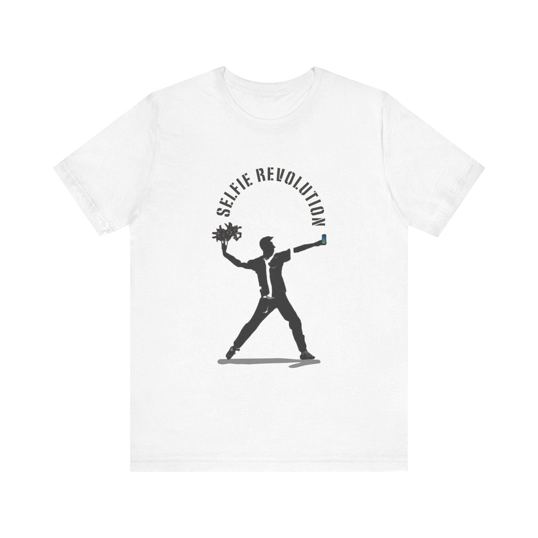 White regular-fit Selfie Revolution T-shirt with black stencil-style street art graphic on the front