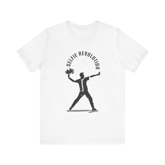 White regular-fit Selfie Revolution T-shirt with black stencil-style street art graphic on the front