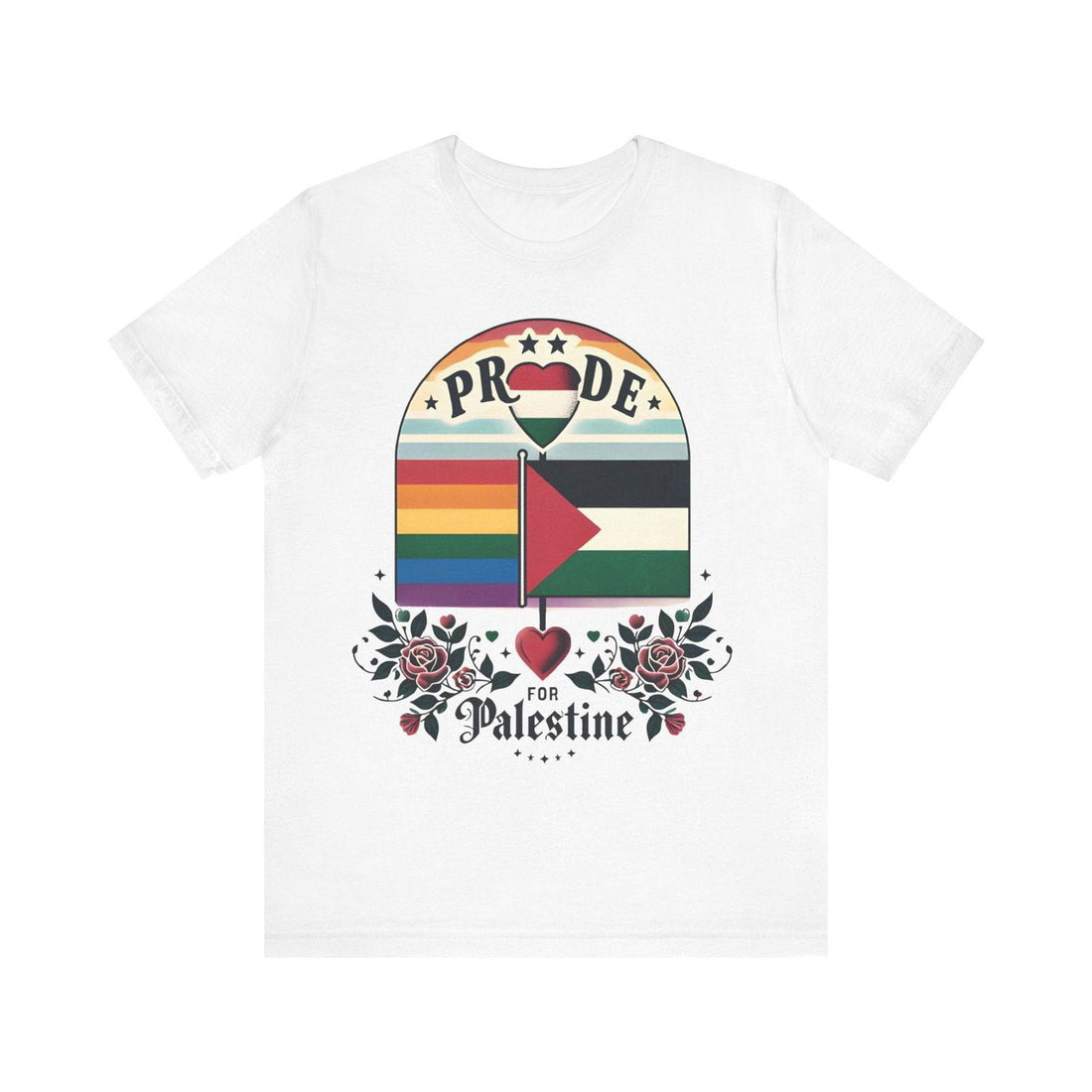 Free Palestine LGBTQ Pride heart graphic T-shirt product mockup