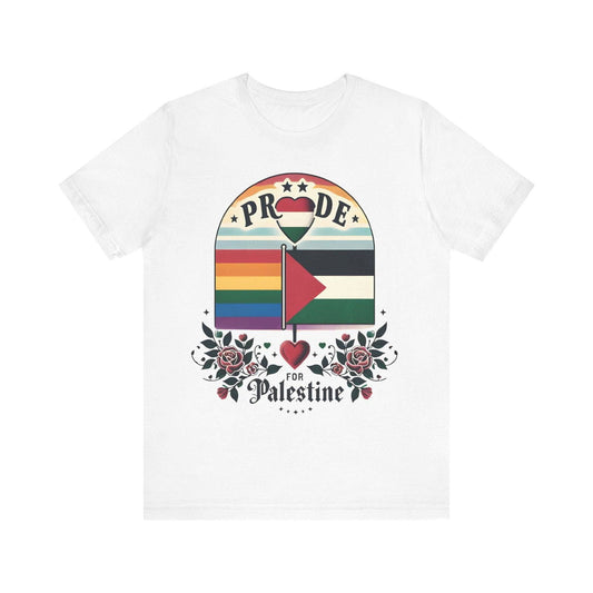 Free Palestine LGBTQ Pride heart graphic T-shirt product mockup