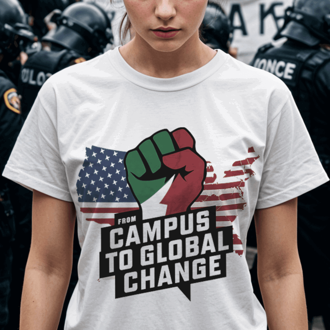 Free Palestine USA solidarity graphic T-shirt for student and community expression