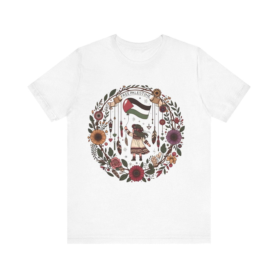 Free Palestine unity T-shirt artwork showing a child holding the Palestinian flag within a floral composition