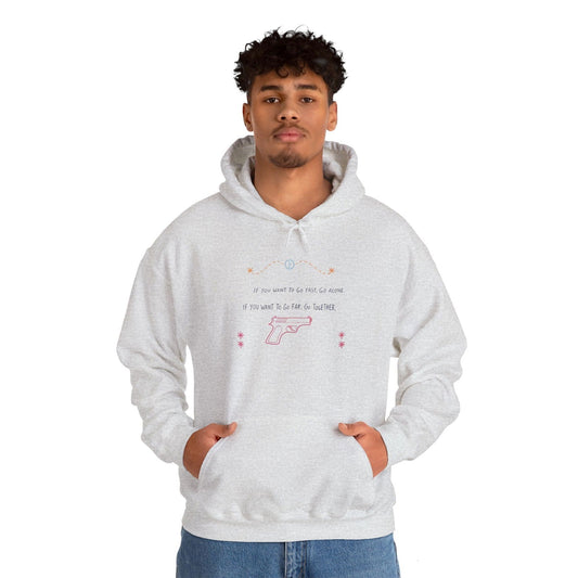 Go Fast Go Alone quote hoodie in a light neutral color