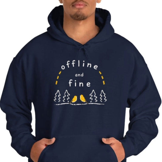 Offline and Fine digital detox hoodie with yellow birds and playful tree artwork