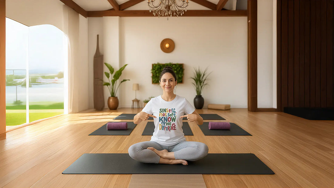 A woman sits cross-legged on a yoga mat in a bright, modern studio, smiling and pointing to her T-shirt which reads, “Sensitive, not soft. Know the difference.” Potted plants, yoga mats, and serene outdoor views create a peaceful atmosphere.