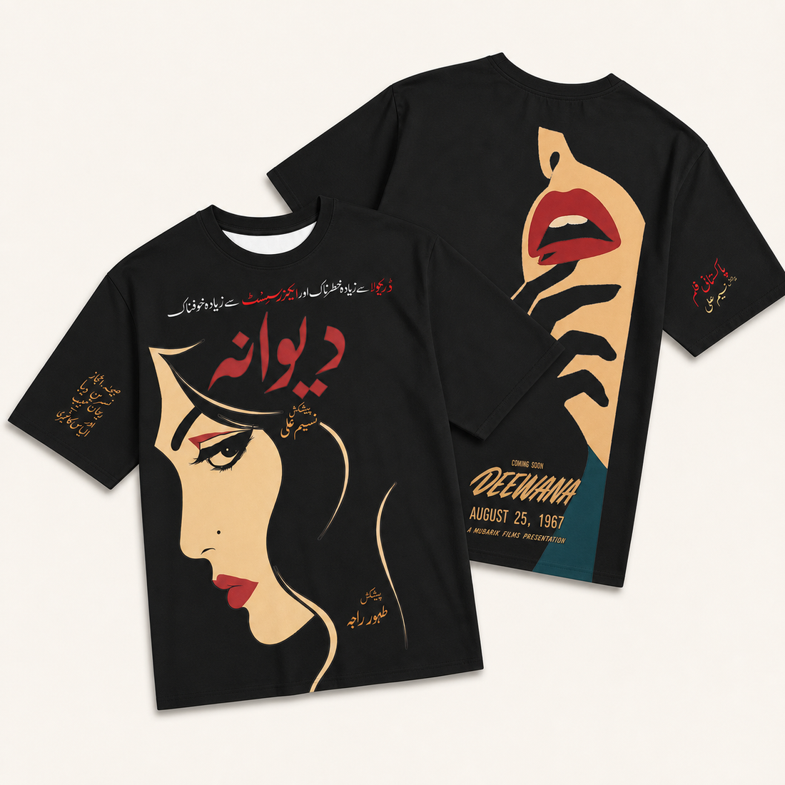 Front and back of the Deewana 1967 Pakistani film poster oversized tee with Urdu typography and cinematic portraits
