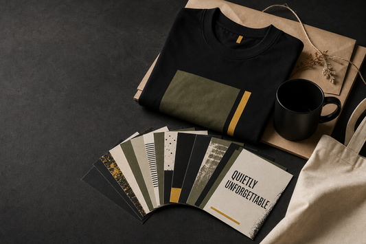 Personalized introvert gift concept with black streetwear, mug, tote bag and ten message cards