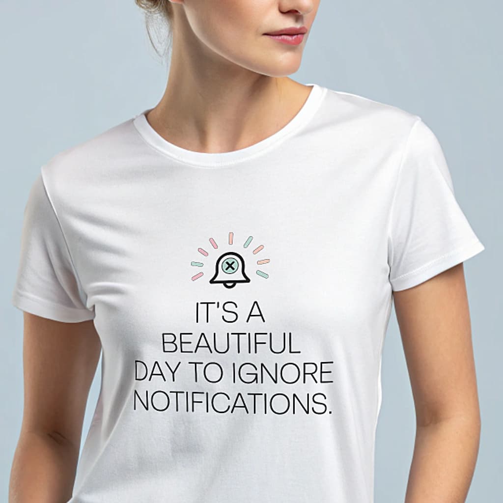 Ignore Notifications T-shirt with minimalist crossed-out bell graphic