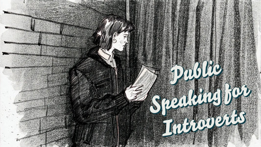 Black-and-white sketch of a person standing against a brick wall, holding a book or paper in their hands as if preparing to read aloud. The words “Public Speaking for Introverts” are written in stylized text on the right side