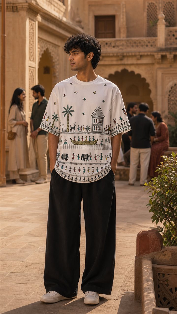 Male model wearing a white Saura-inspired oversized tee with village artwork across the front and sleeves.
