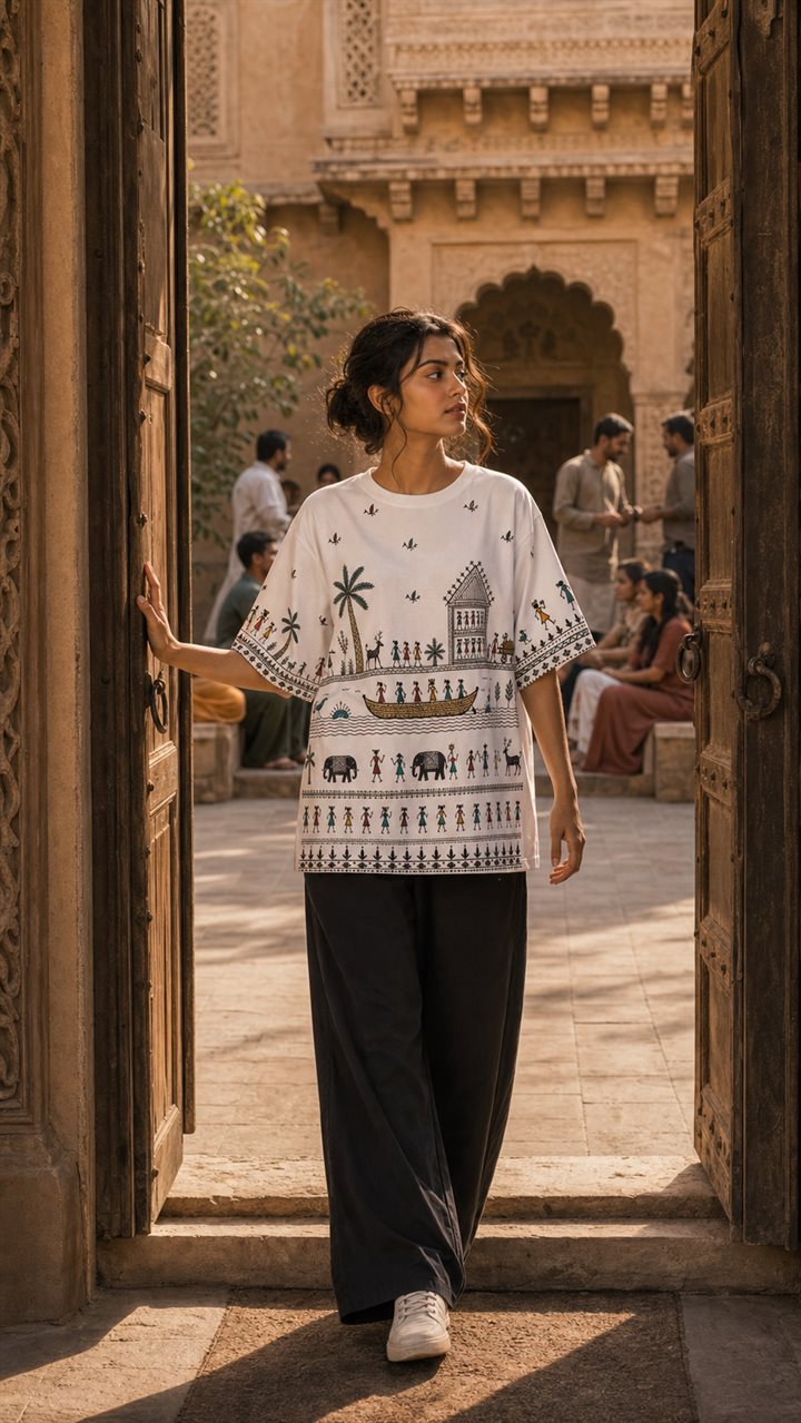 Female model wearing a white Saura-inspired oversized T-shirt while walking through a carved heritage doorway.