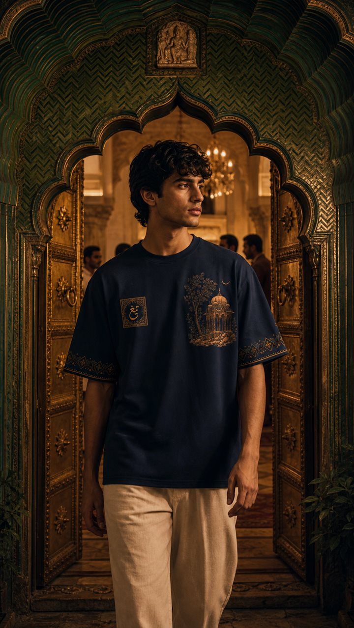 Male model wearing navy Mughal art oversized T-shirt in an ornate South Asian interior