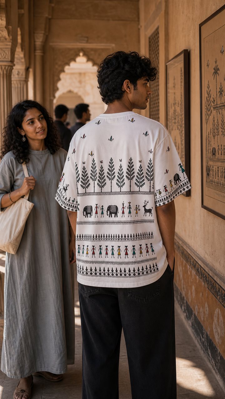 Back view of male model wearing a white oversized tee with Saura-inspired forest, animal, and figure artwork.