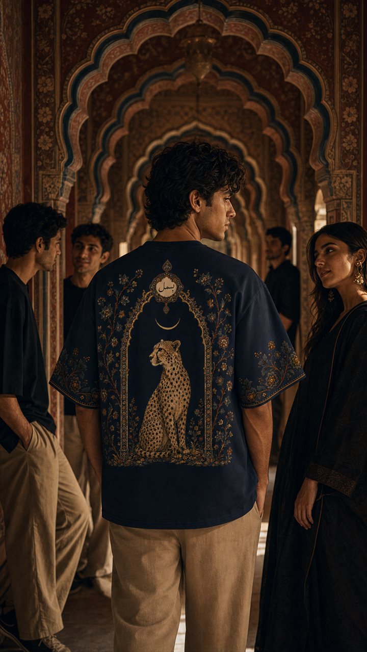 Male model showing the cheetah back graphic of a navy Mughal art oversized T-shirt