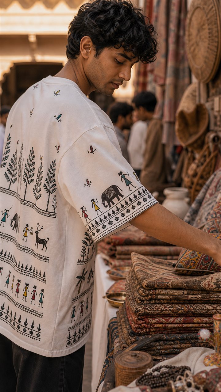 Male model showing the illustrated back of a white Saura-inspired oversized T-shirt inside a heritage gallery.