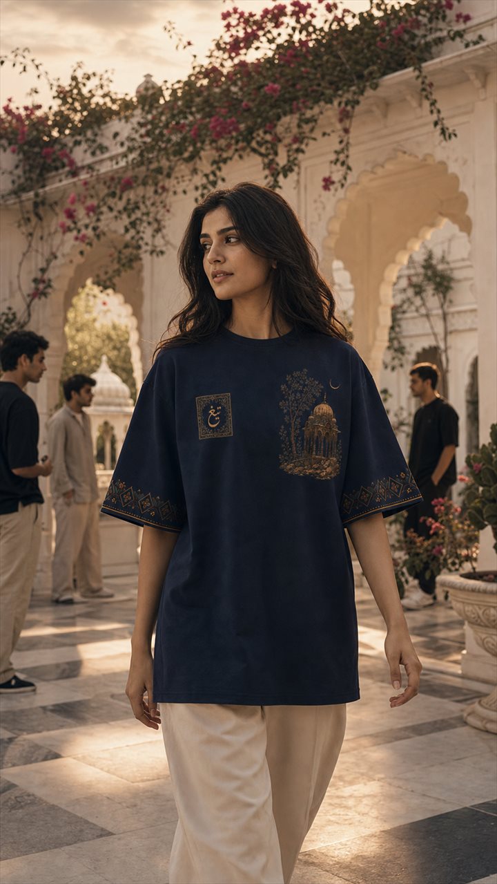 Female model wearing navy Mughal art oversized T-shirt in a courtyard