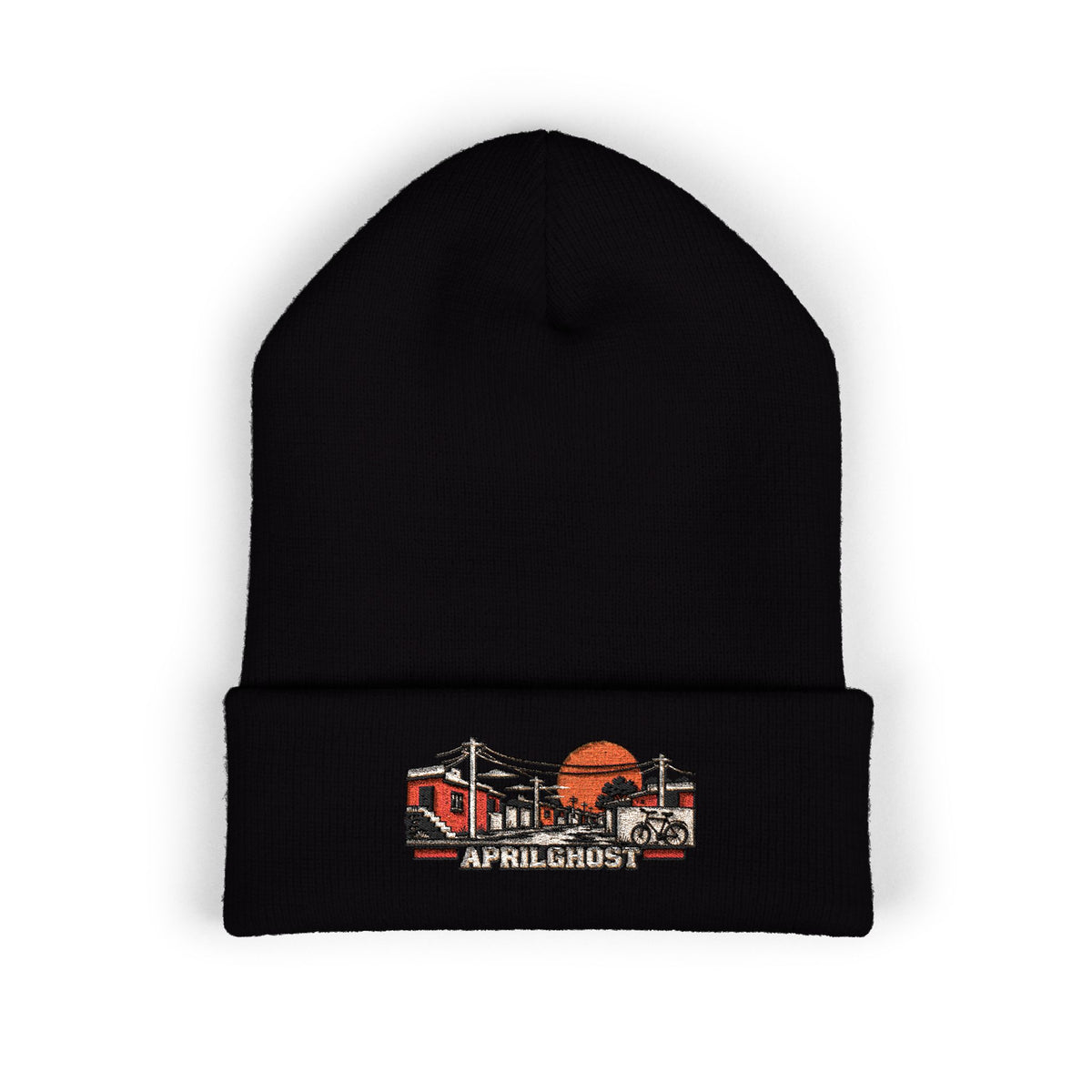AprilGhost Neighborhood Signal black cuffed beanie with embroidered neighborhood scene and APRILGHOST wordmark