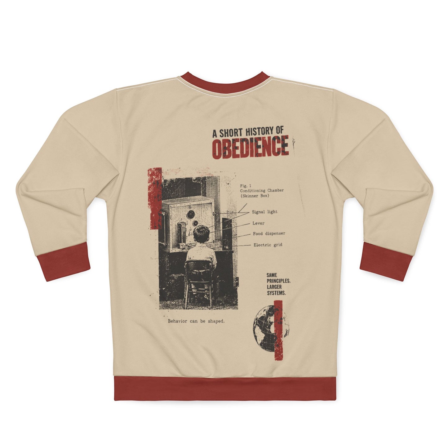 Play Nice retro propaganda graphic sweatshirt in beige with red ribbed trim