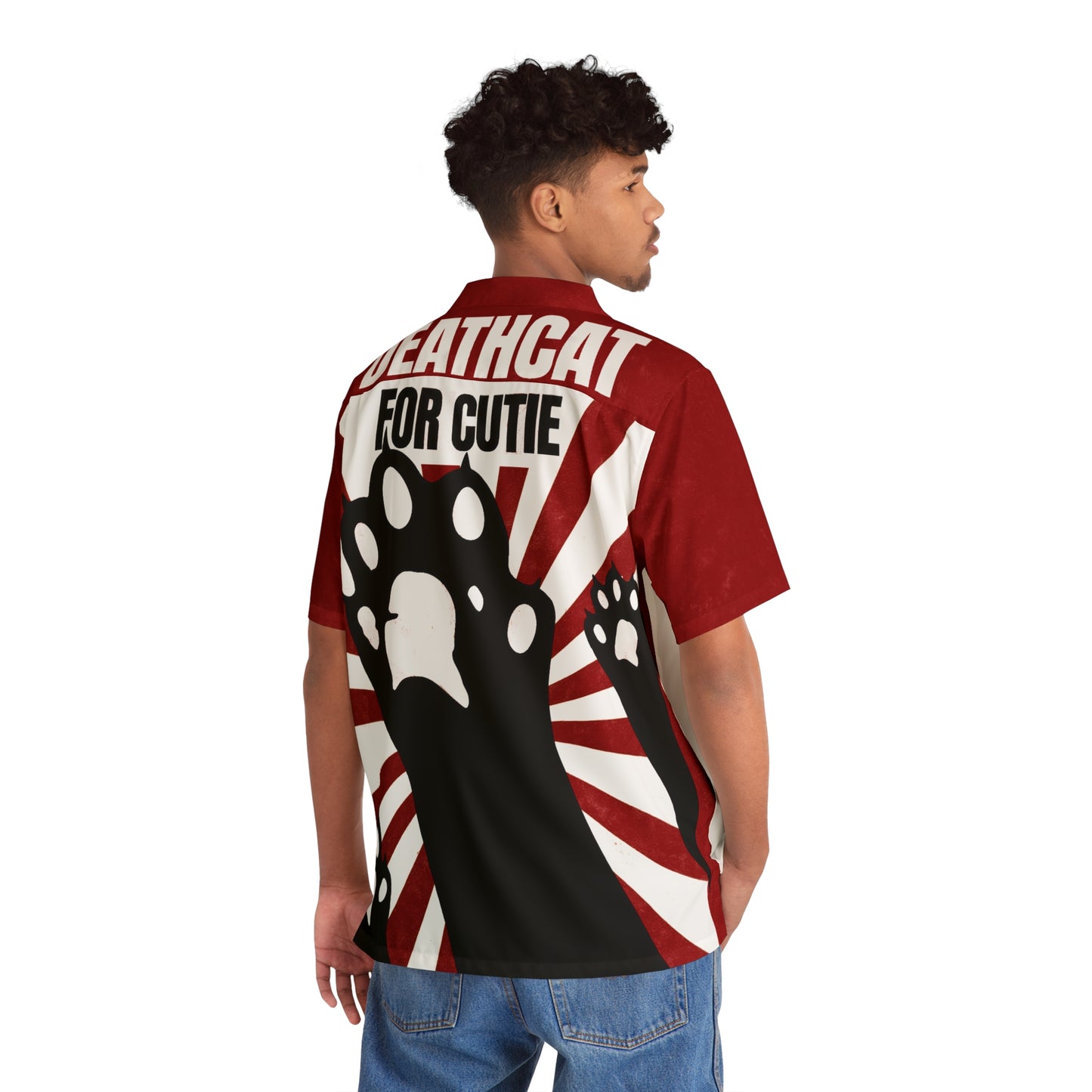 Model wearing the subversive Deathcat for Cutie shirt from behind. Shows the massive paw graphic and smooth fabric drape.