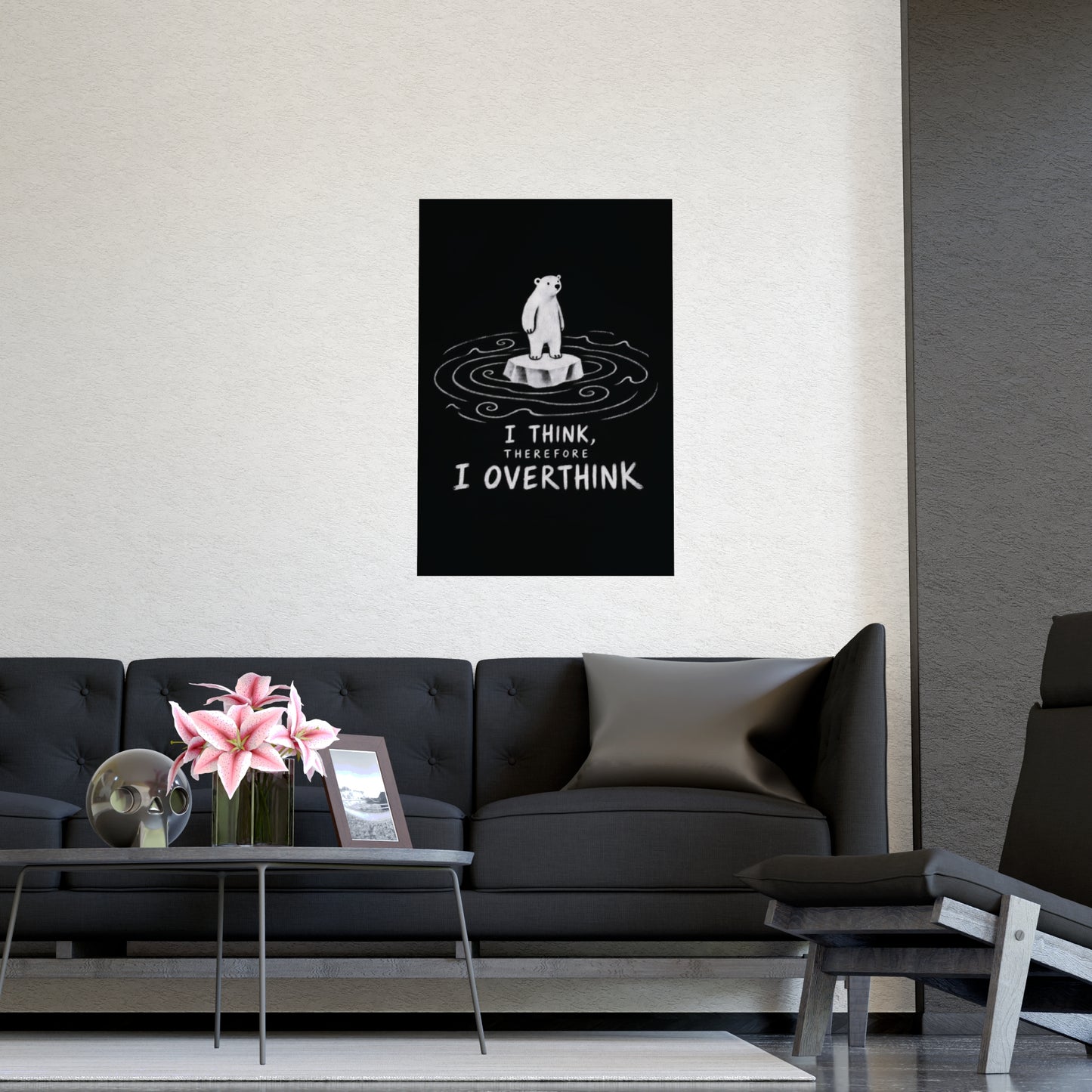Vertical black polar bear wall poster with white handwritten overthinking quote and ripple artwork