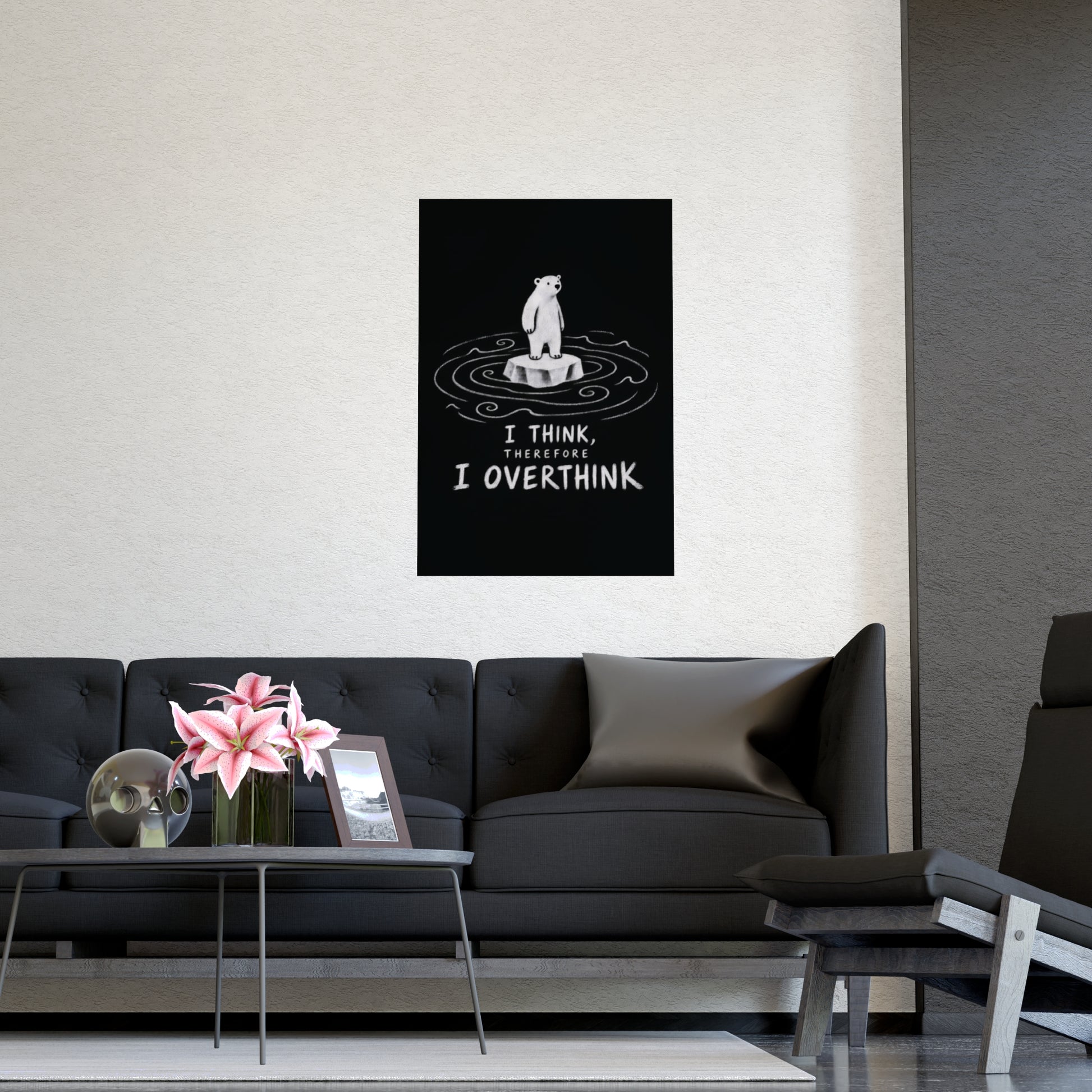 Vertical black polar bear wall poster with white handwritten overthinking quote and ripple artwork