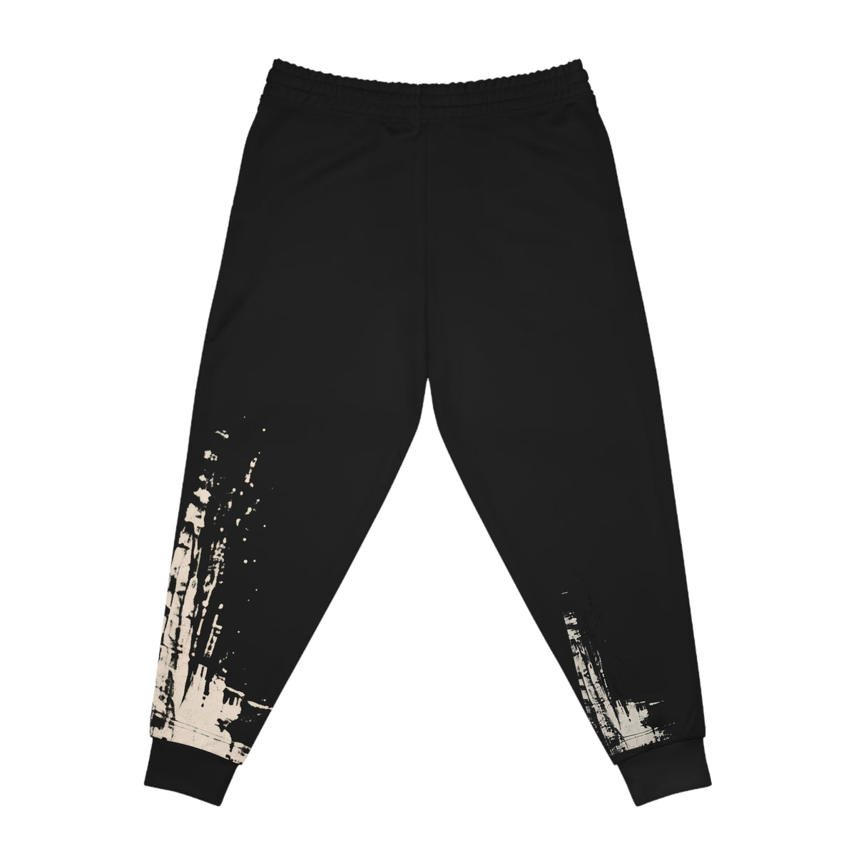 FAHEEL black AOP joggers with asymmetrical cream distressed leg graphic