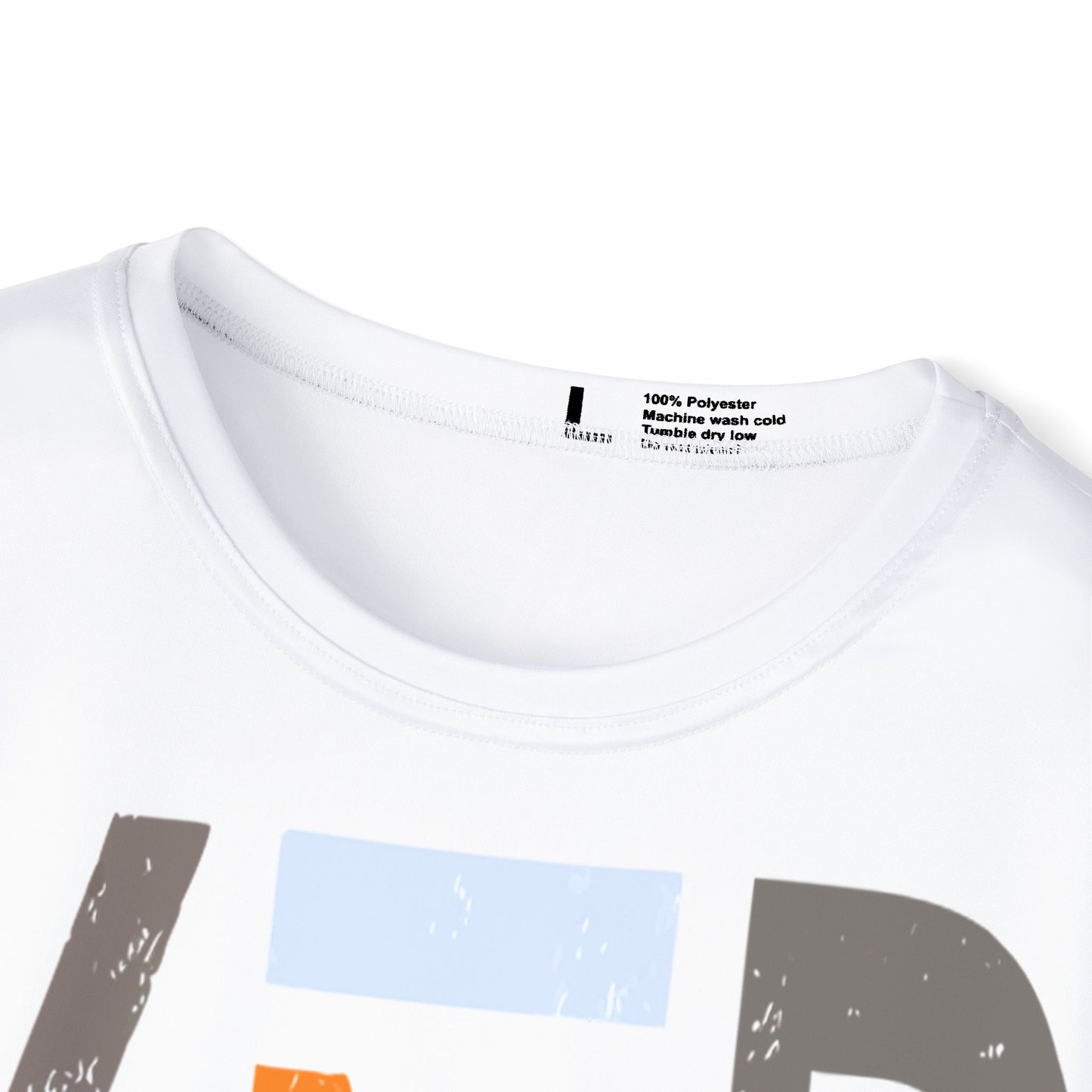 Close-up of a white t-shirt with colorful graphics and text on a white background