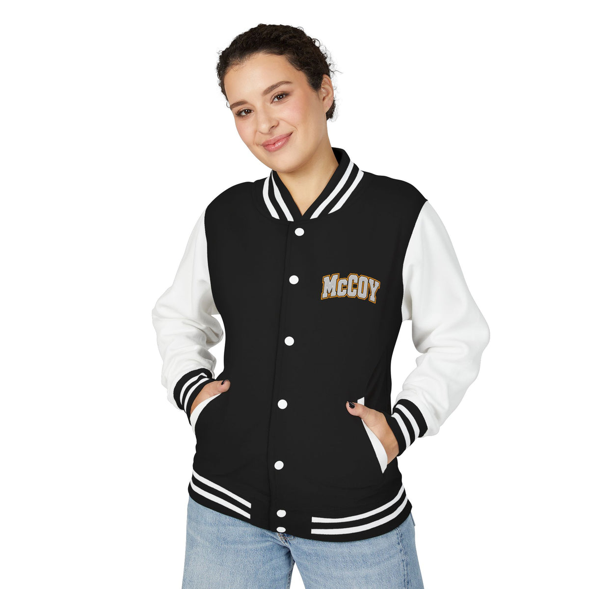 Magik McCoy heavyweight black and white varsity jacket, additional mockup view 3