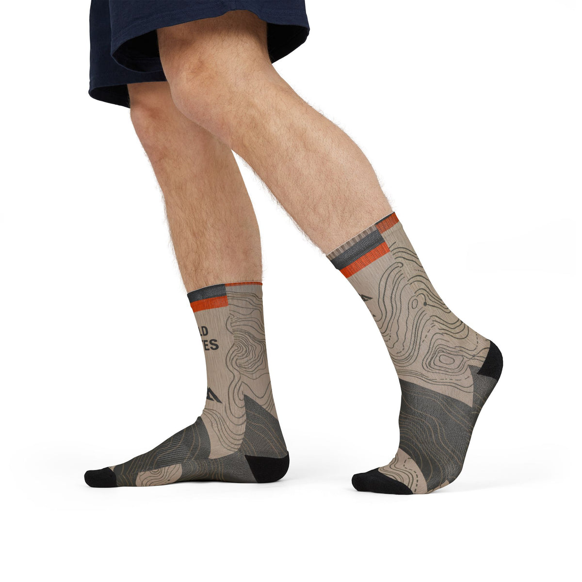 FIELD NOTES 26 topographic crew socks with sand, charcoal and burnt orange contour-map design.