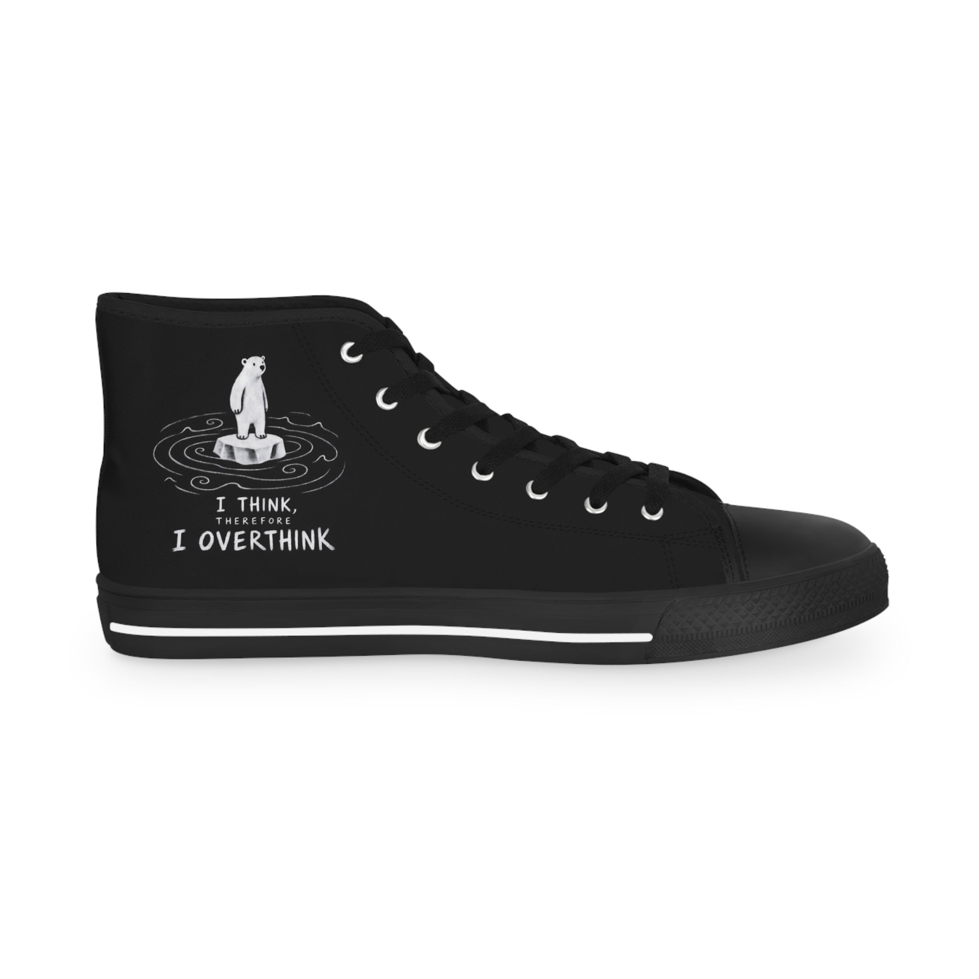 Pair of black high-top sneakers with black laces, black soles, silver eyelets, and white side graphics