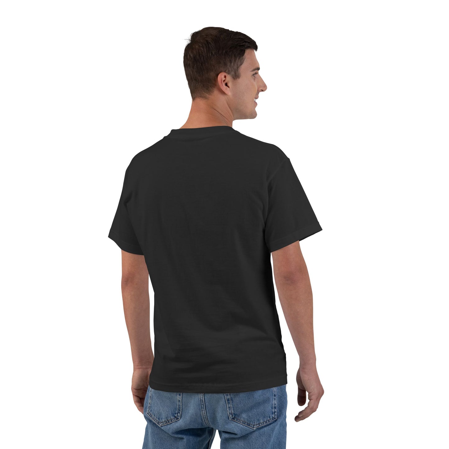 Man wearing a black t-shirt and blue jeans on a white background