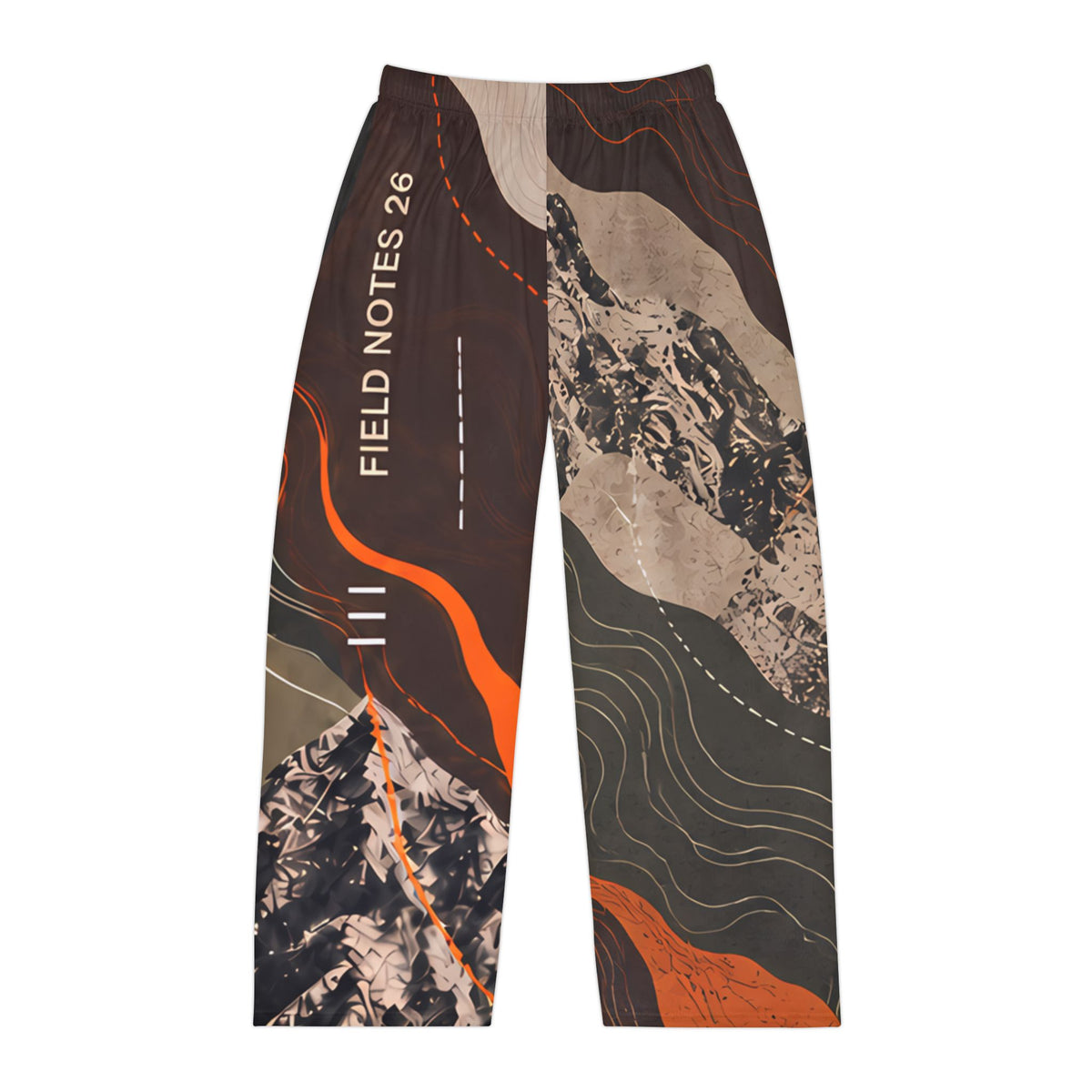 FIELD NOTES 26 men's topographic pajama pants with olive, charcoal, sand and burnt orange terrain print.