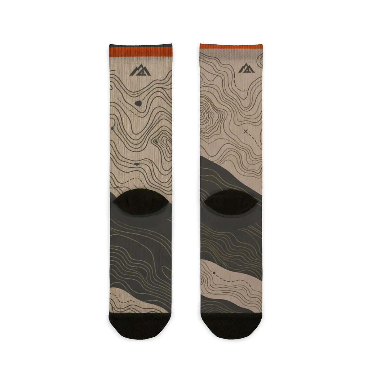 FIELD NOTES 26 topographic crew socks with sand, charcoal and burnt orange contour-map design.