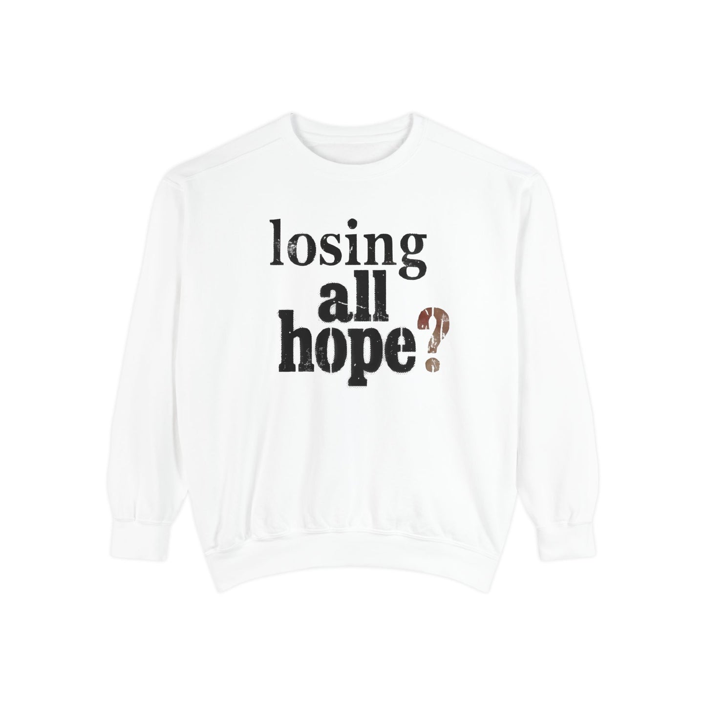 White sweatshirt with text 'losing all hope?' on a white background