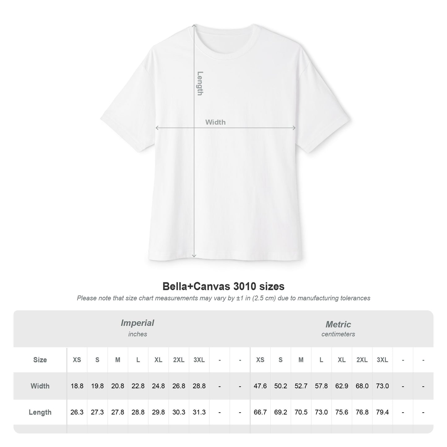 White t-shirt with measurement lines and Bella+Canvas size chart on a white background