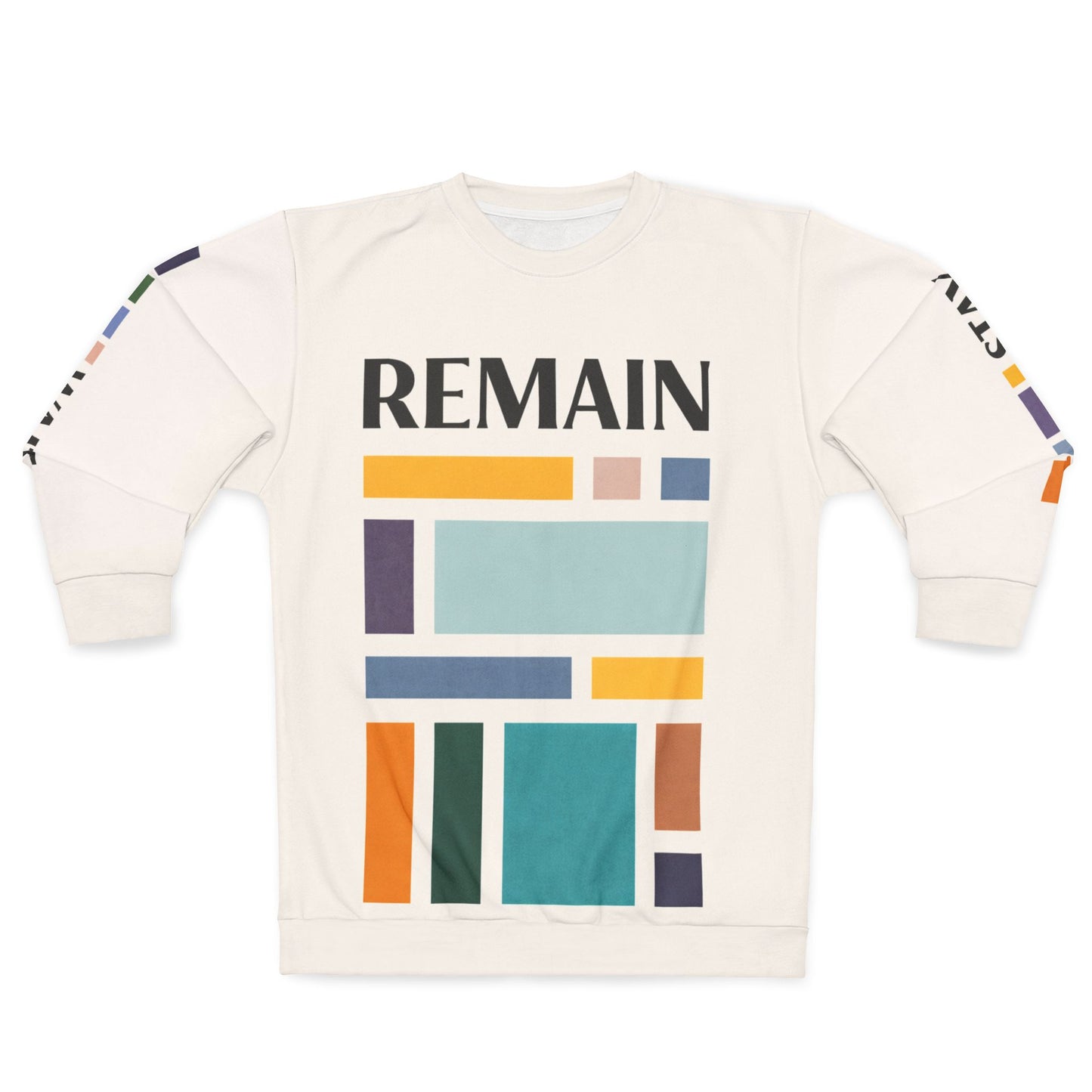 Front view of abstract color block sweatshirt featuring muted teal, mustard, rust, navy and violet geometric shapes with the word REMAIN printed across the chest