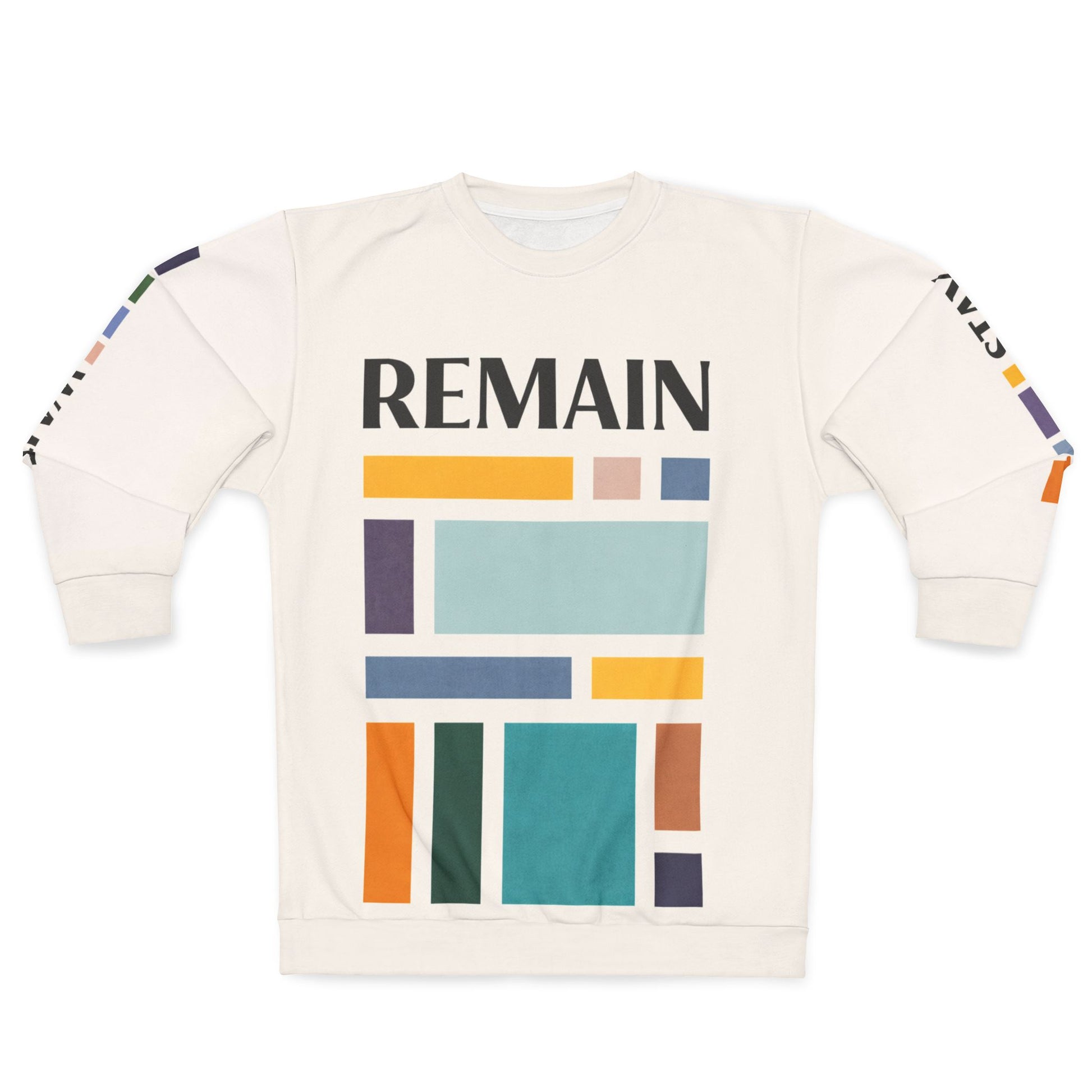 Front view of abstract color block sweatshirt featuring muted teal, mustard, rust, navy and violet geometric shapes with the word REMAIN printed across the chest
