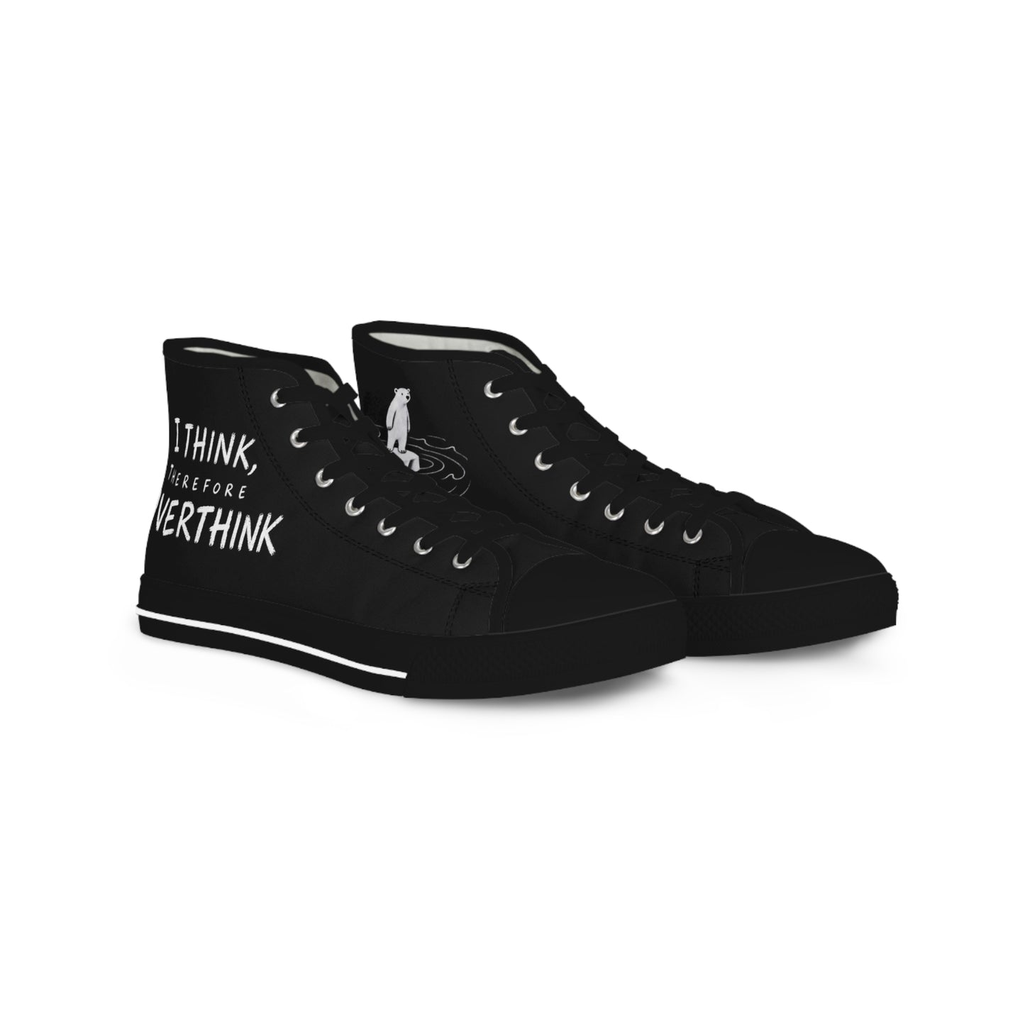 Pair of black high-top sneakers with “I Think Therefore I Overthink” lettering and white polar bear graphic