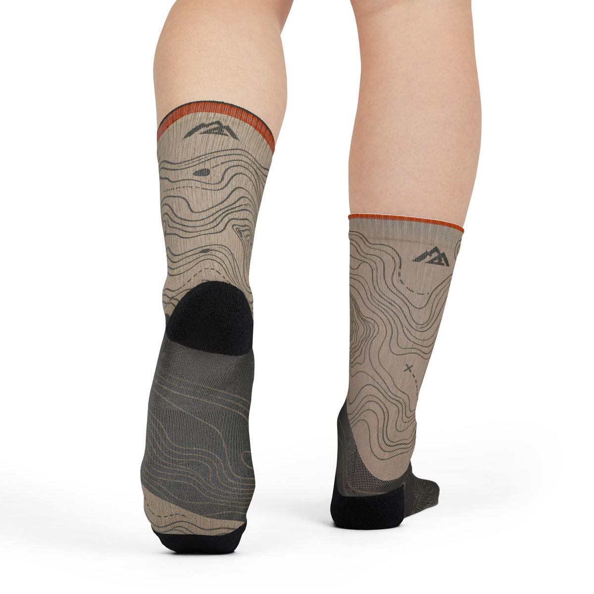 FIELD NOTES 26 topographic crew socks with sand, charcoal and burnt orange contour-map design.