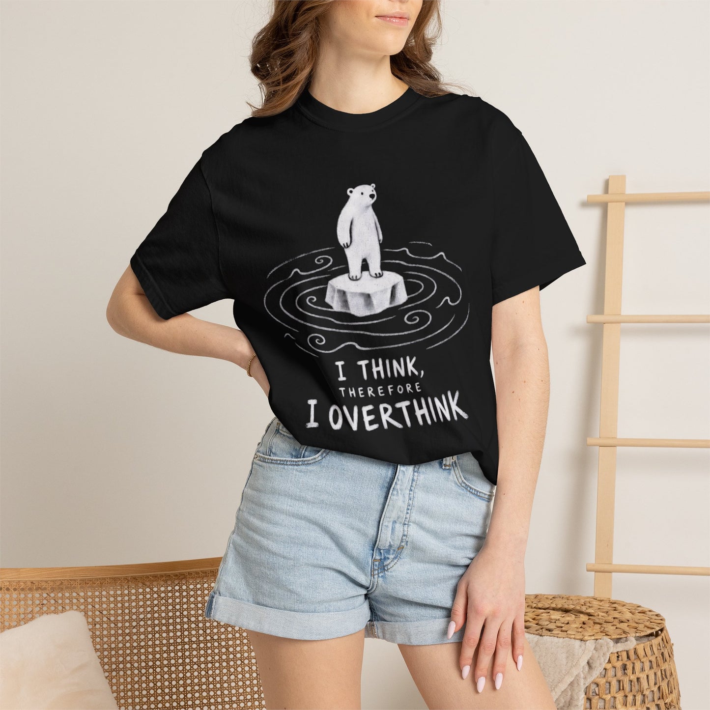 Black overthinker T-shirt with hand-drawn polar bear and “I Think, Therefore I Overthink” graphic.