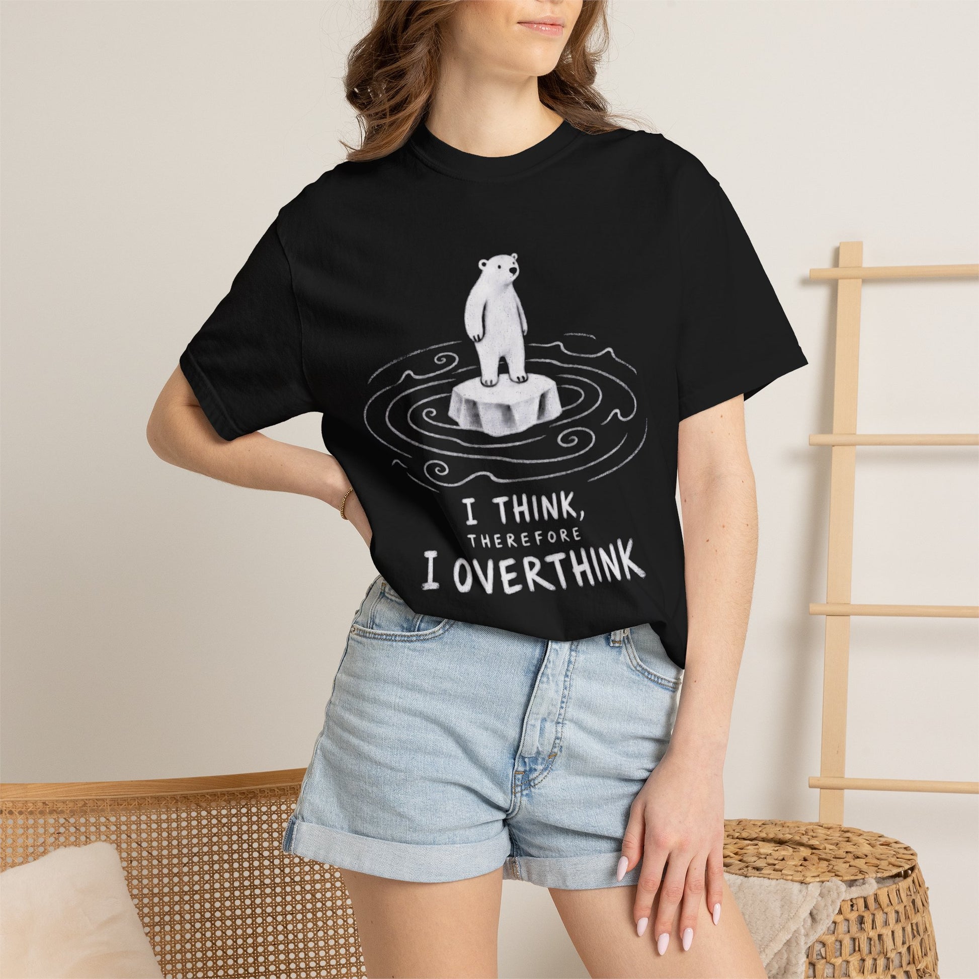 Black overthinker T-shirt with hand-drawn polar bear and “I Think, Therefore I Overthink” graphic.
