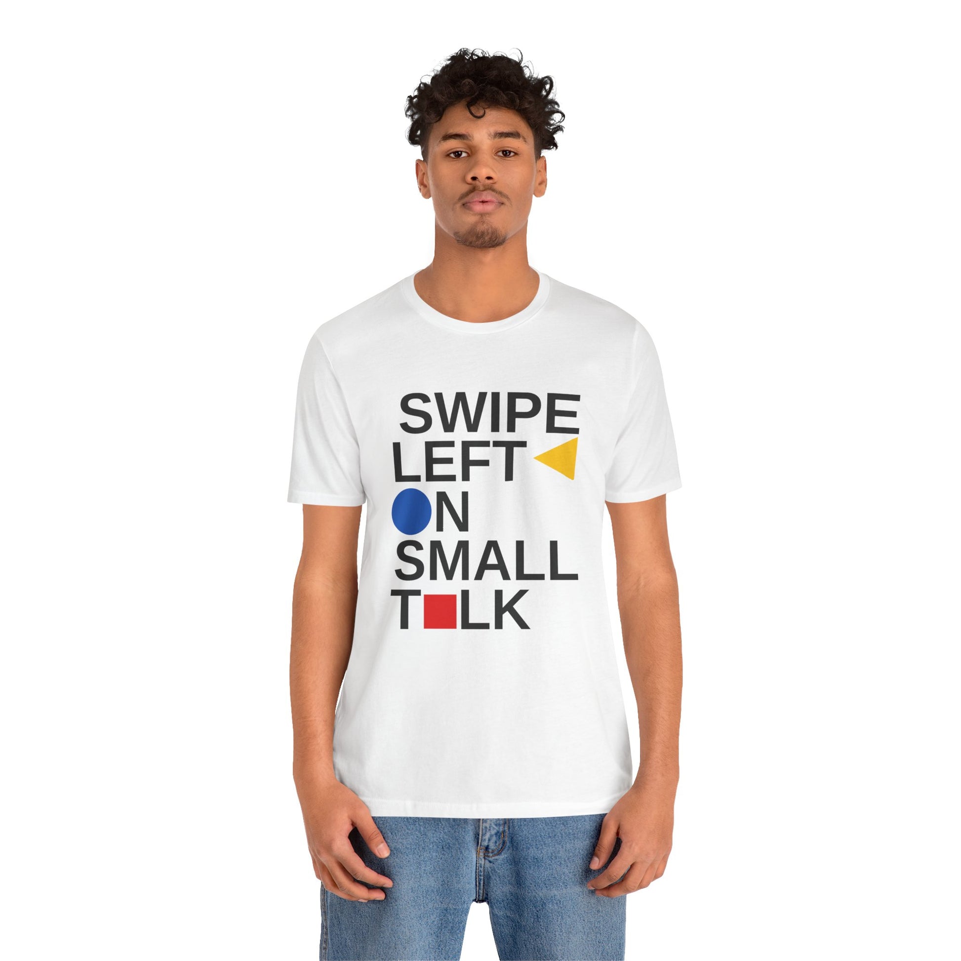 Person wearing a white t-shirt with text and colorful icons on a white background