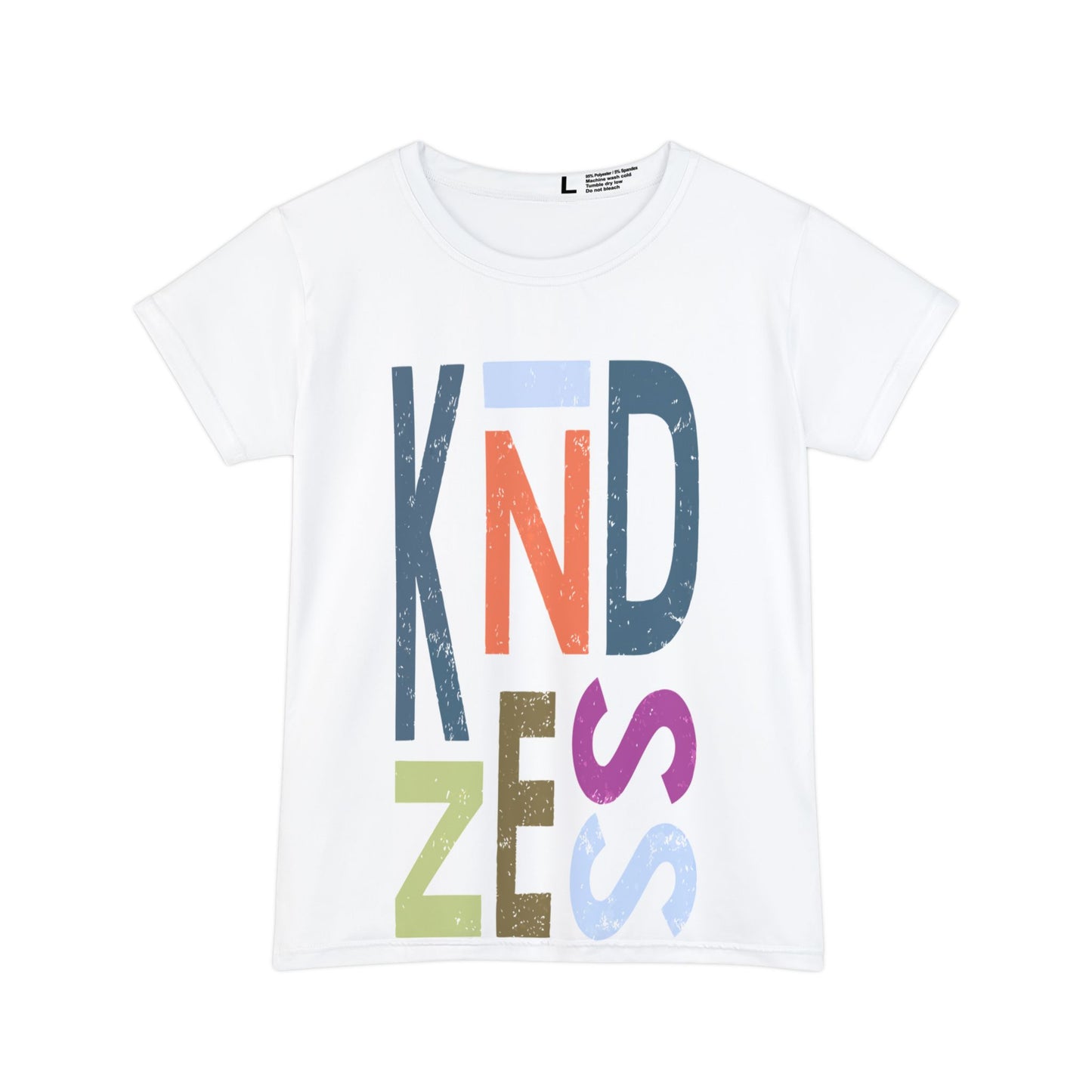 White t-shirt with colorful 'Kindness' text on a white background