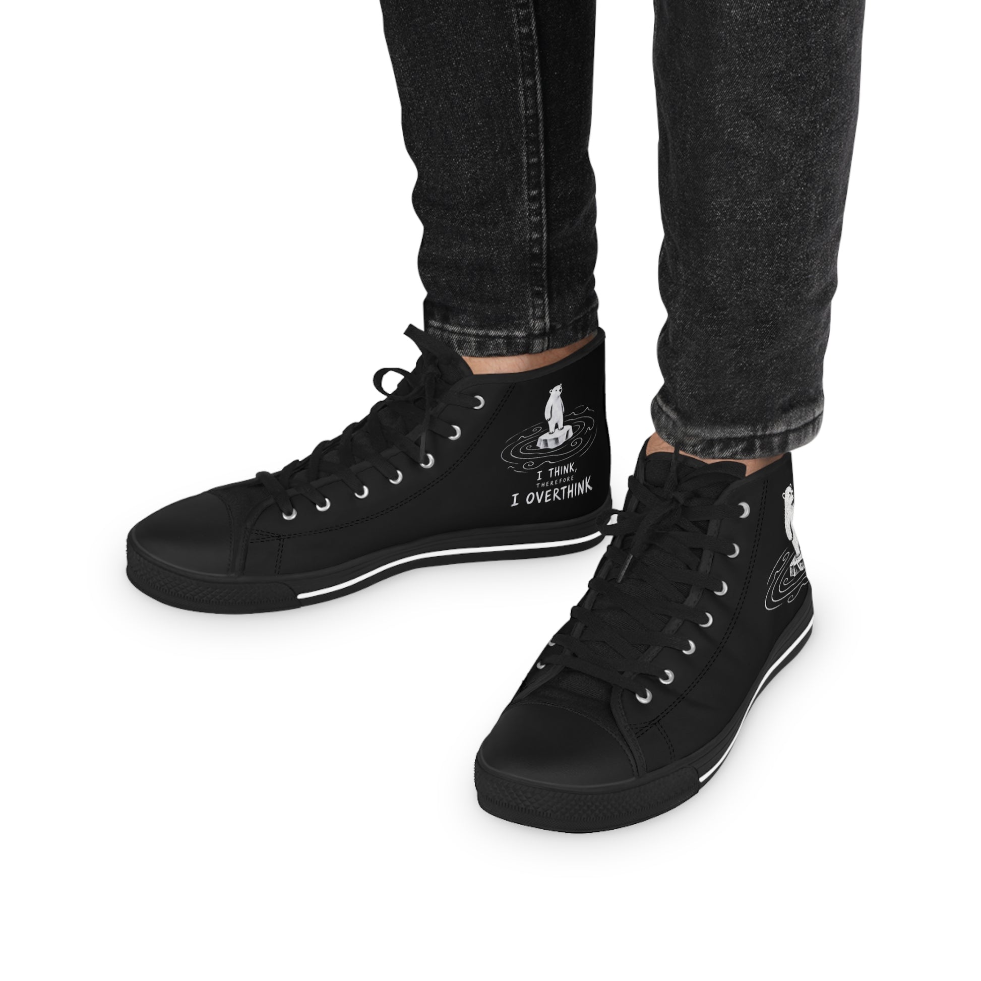 “I Think Therefore I Overthink” black high-top sneakers with polar bear artwork