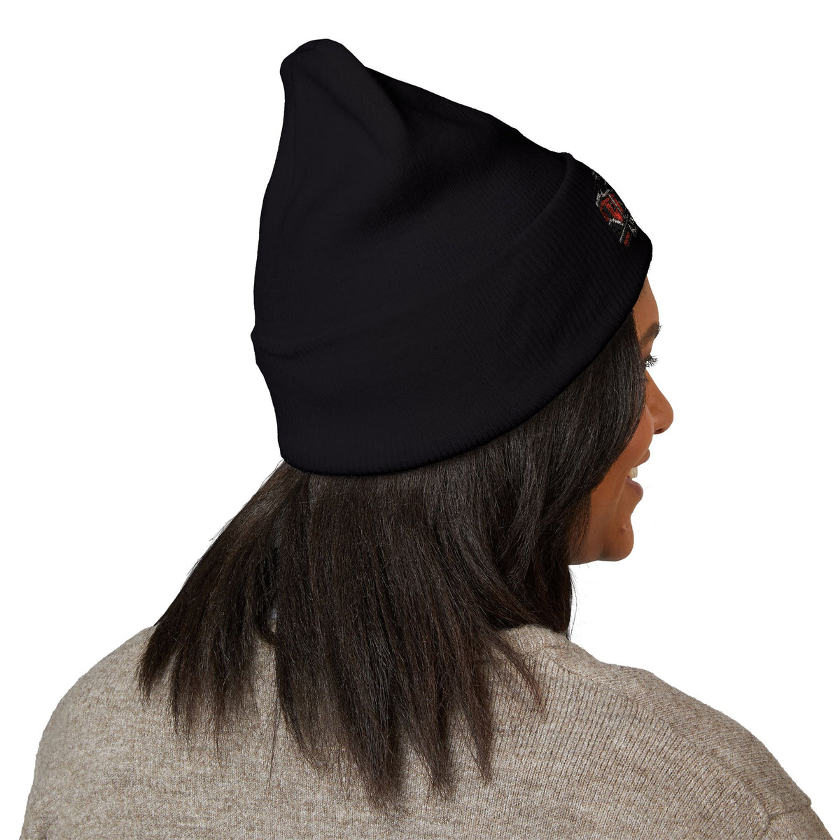 AprilGhost Neighborhood Signal black cuffed beanie with embroidered neighborhood scene and APRILGHOST wordmark
