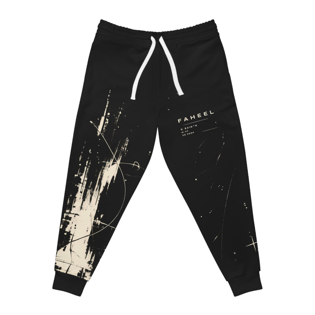 FAHEEL Stillness in Motion black athletic joggers with distressed off-white print