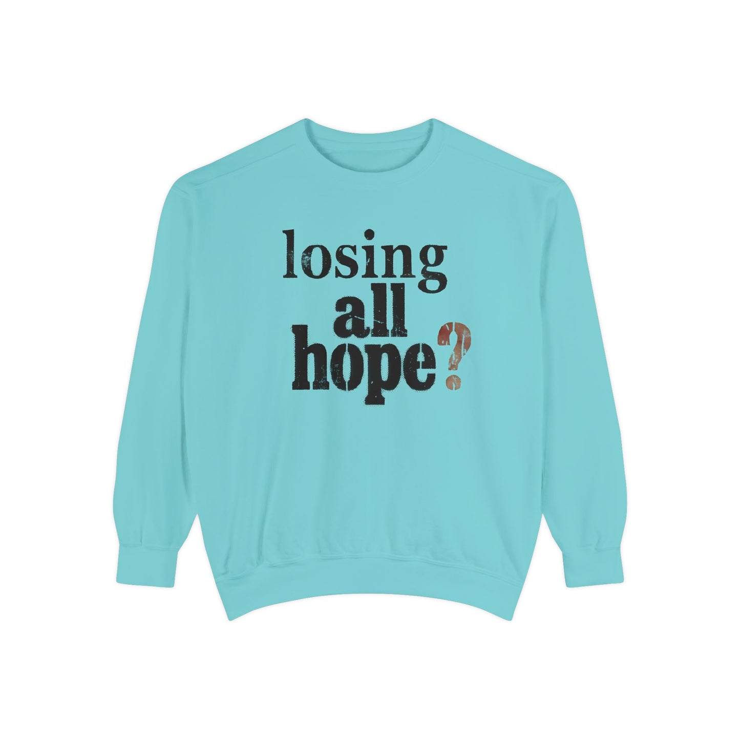 Light blue sweatshirt with text 'losing all hope?' on a white background