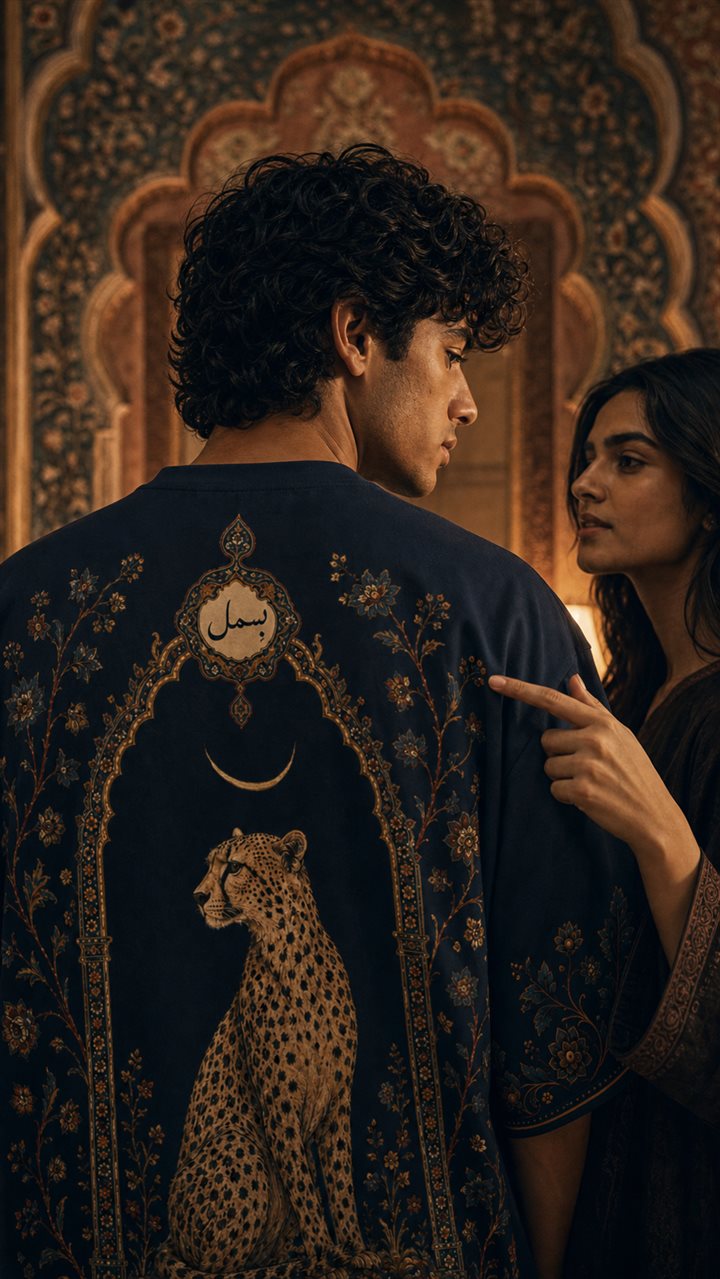 Male model wearing navy South Asian streetwear tee with cheetah back print in an arched corridor