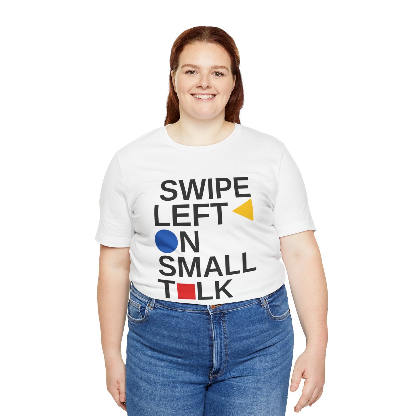 Person wearing a white t-shirt with text and graphics on a white background