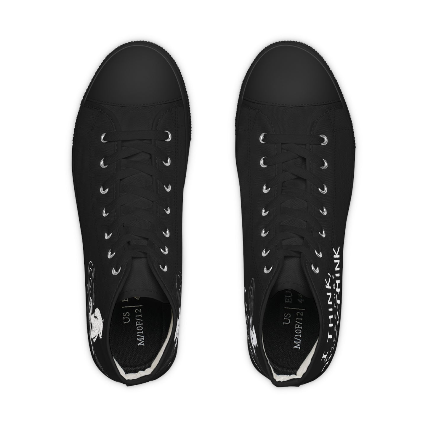 Black high-top sneaker with “I Think Therefore I Overthink” hand-drawn lettering on the side panel